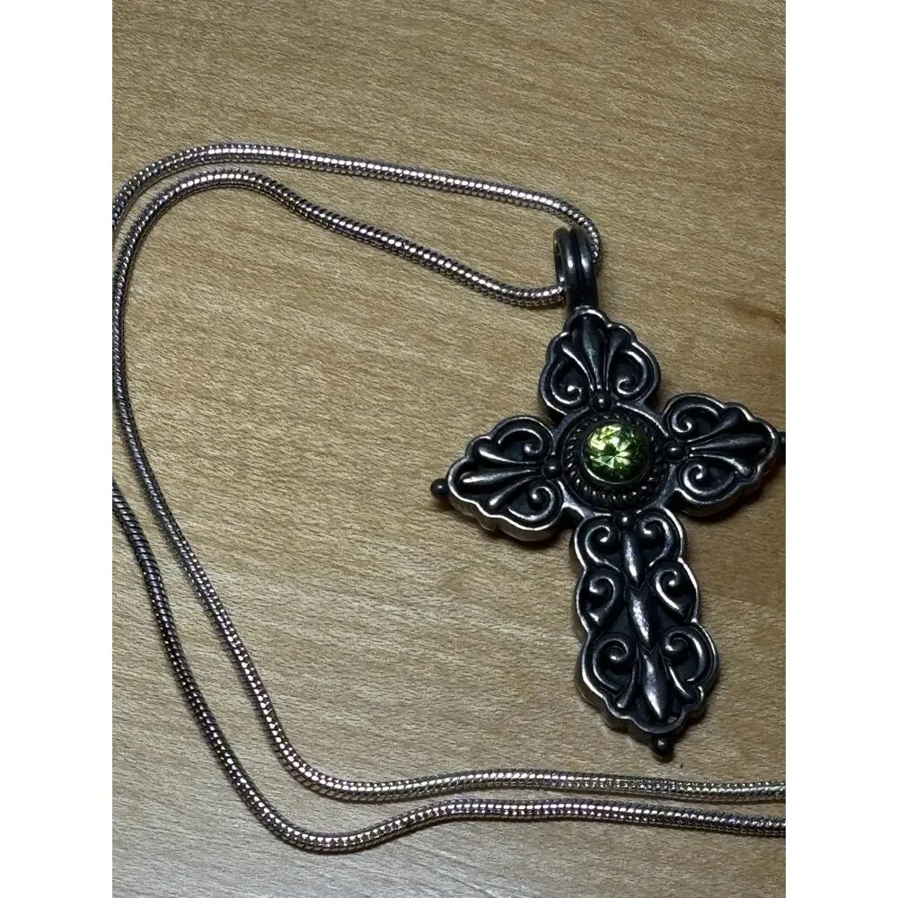 Vintage Hefty 925 Sterling Silver Ornate Green Peridot Cross Necklace 18" - Picture 11 of 15